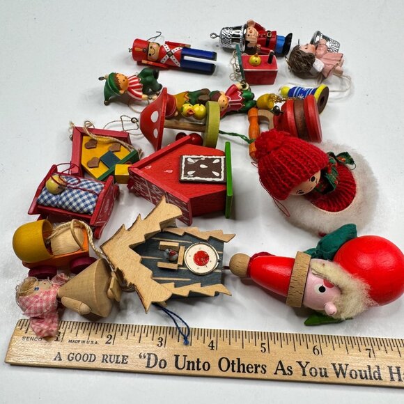 Germany Italy Christmas Ornaments Lot Wooden Handmade Figures Houses Soldier Elf - Picture 13 of 13